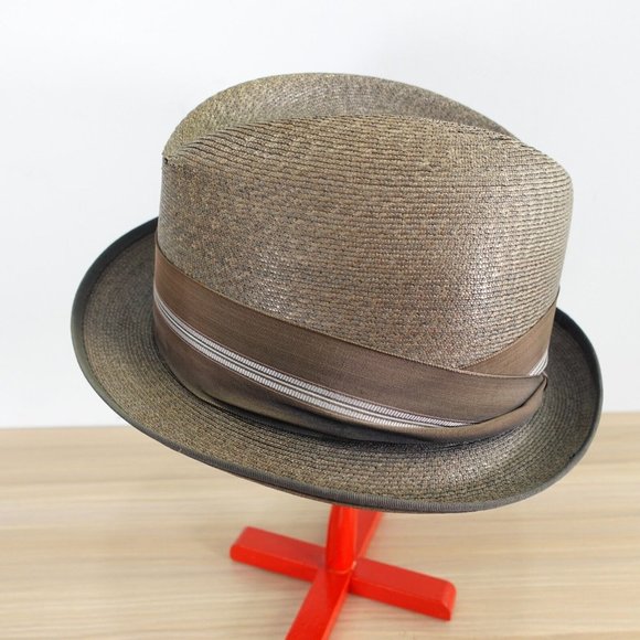 VINTAGE KNOX Hat Adult 7 1/4 Brown Panama Straw Trilby Jazz Cuban Summer 90s - Picture 1 of 16